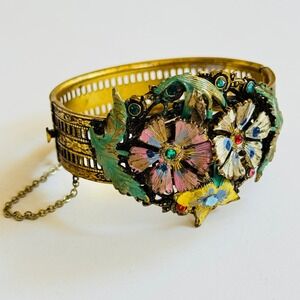 Flower Czech jeweled Bracelet VTG Art Deco enamel pastel Crystal Rhinestone gold